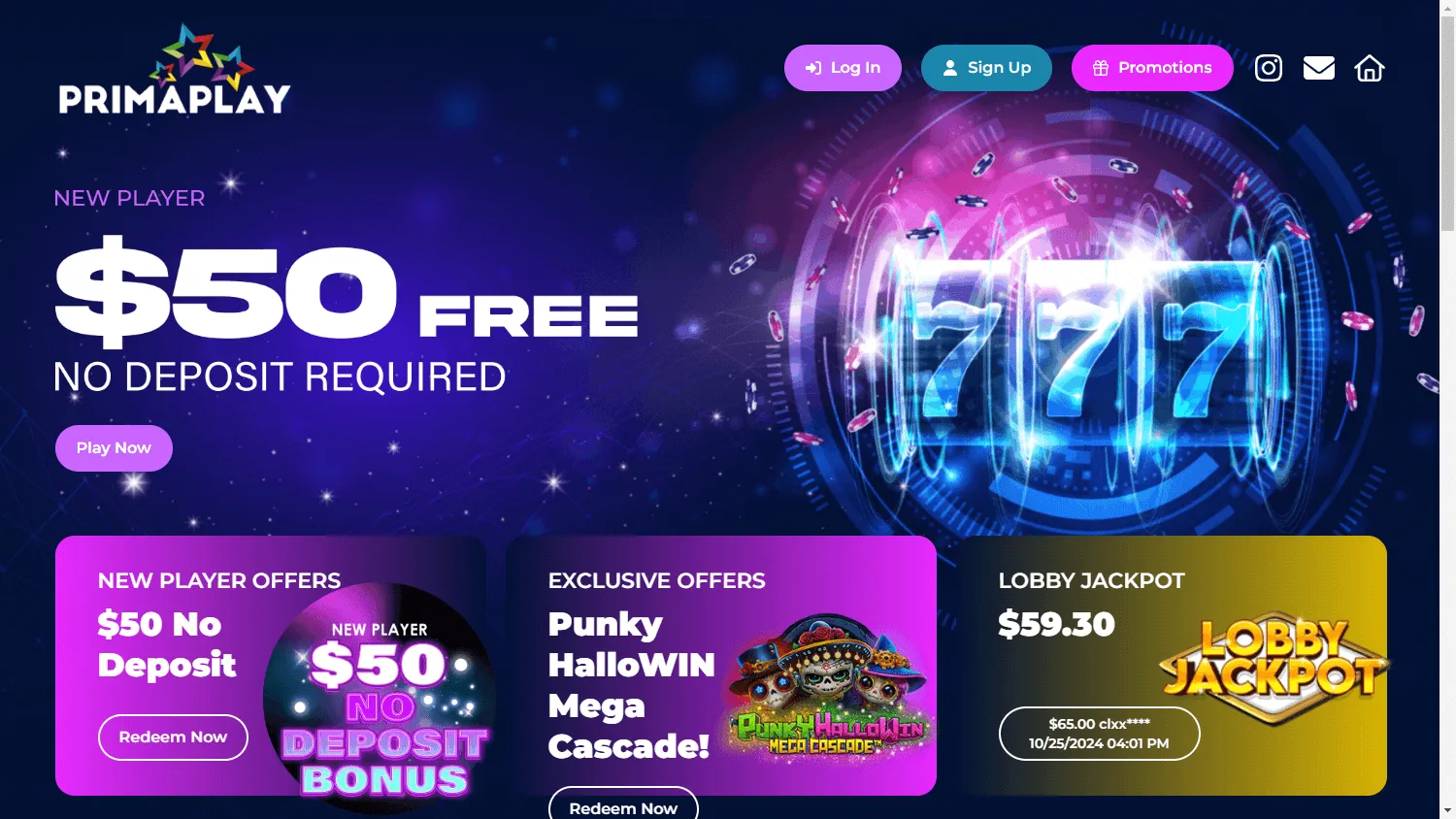 Prima Play Casino desktop home area with welcome offer and casino access