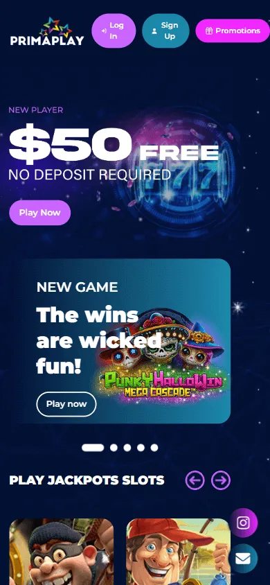 Prima Play Casino mobile browser home area with casino access