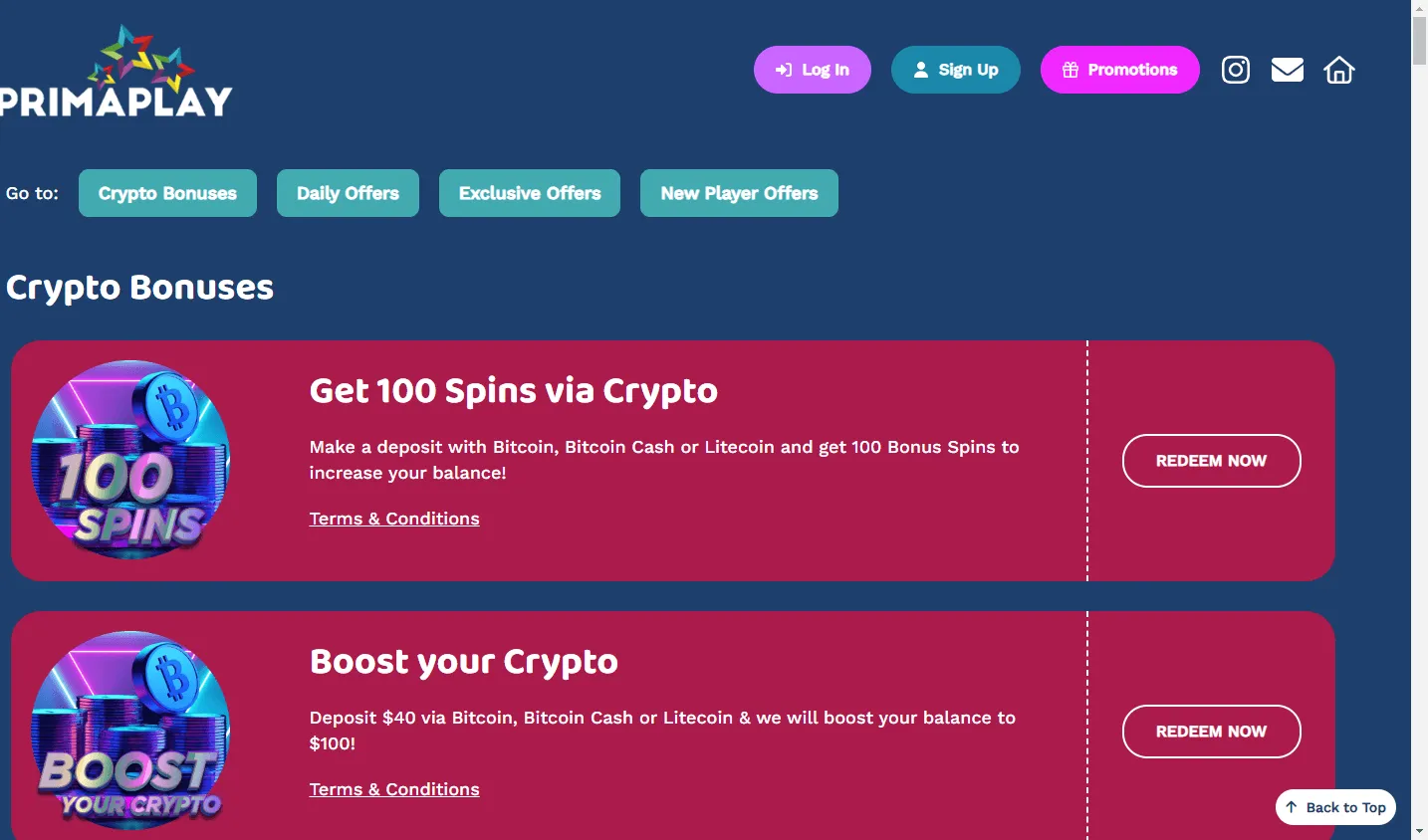 Prima Play Casino desktop promotions area with daily and weekly bonus offers