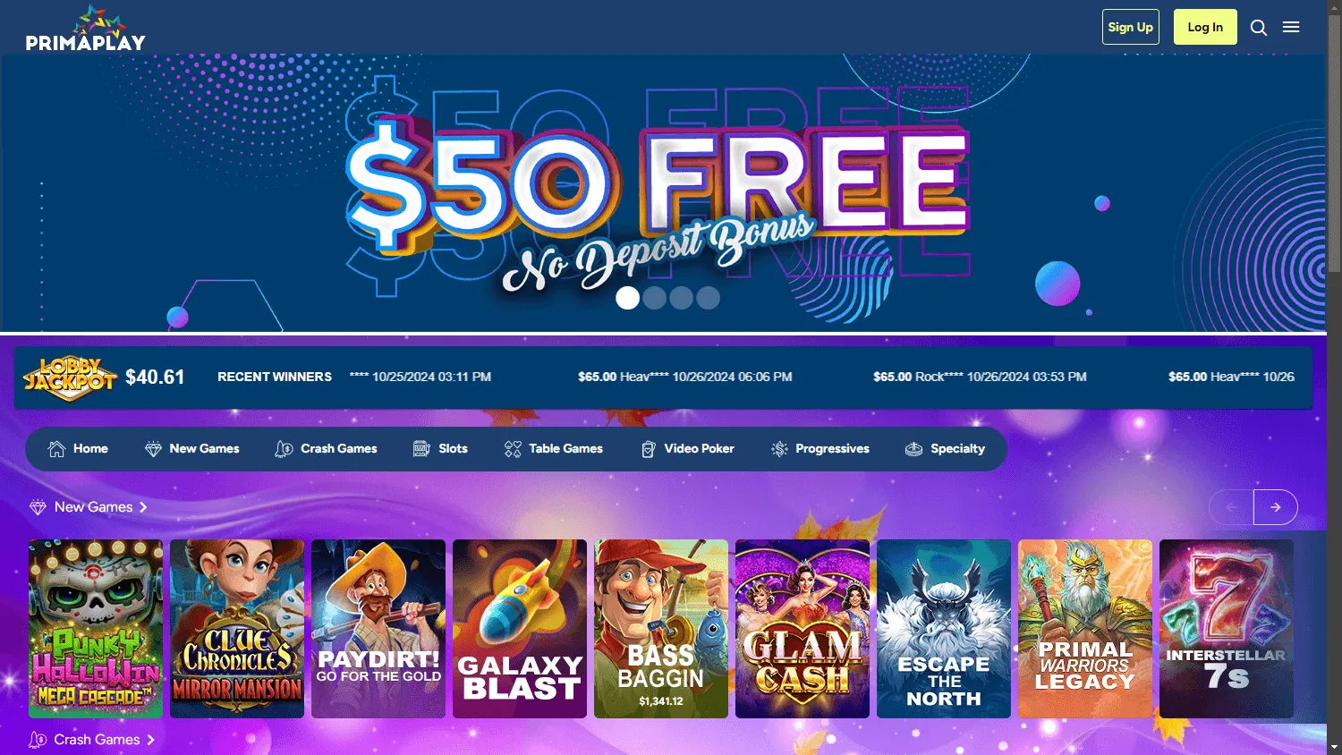 Prima Play Casino desktop games area with pokies and casino game categories