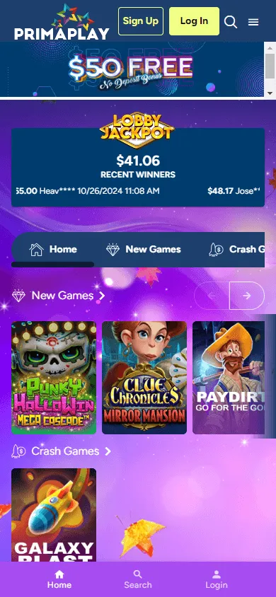 Prima Play Casino mobile games area with pokies and casino categories