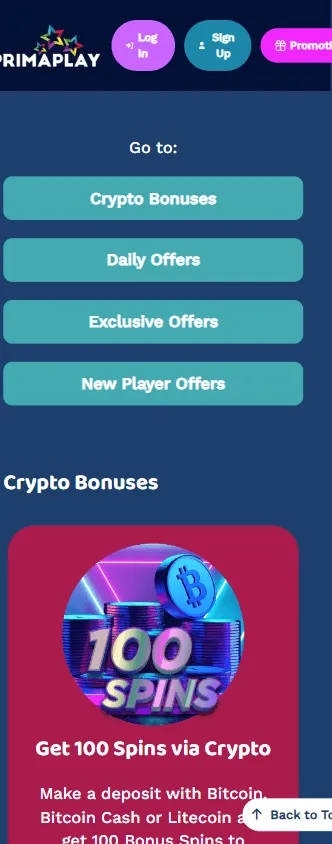 Prima Play Casino mobile promotions area with bonus codes and recurring offers